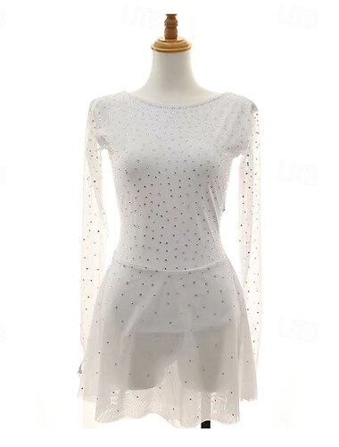  Kjole til kunstløp Dame Jente Skøyteløp Kjoler Hvit Lapper Tommelhull Netting Spandex Elastisk Trening Profesjonell Konkurranse Skøyteklær Hold Varm Krystall / Rhinstein Langermet Skøyting Kunstløp