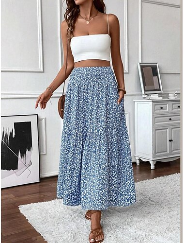  Per donna Gonna Casual Maxi Vita Alta Gonne Ametista Nero Blu Verde Estate Poliestere