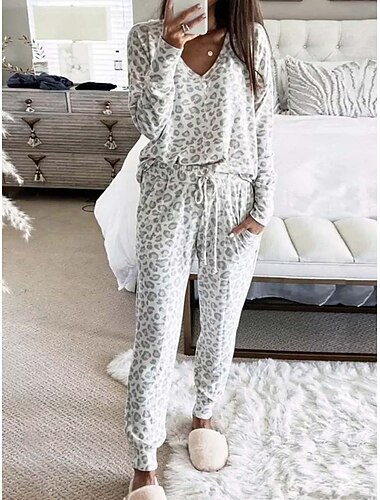  Dam Pyjamas set Ledigt Komfort Leopard Elastisk midja T-shirt Byxa Hem Dagligen Långärmad V-hals Rodnande Rosa Blå Grå Sommar Vår Höst Normal