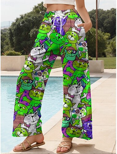  Damen Weites Bein Chinos Baggy-Hosen Urlaub Vintage Mode Volle Länge Hohe Taille Grafik Tiermotiv Katze Drucken Weich Atmungsaktiv Mikroelastisch Formell Outdoor Urlaub Gelb Rote Blau Purpur Sommer