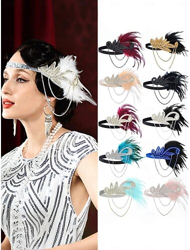  Gatsby flapper-pannebånd i damestil fra 1920-tallet - hårtilbehør med strass og fjær og kjeder til retro-temafester og arrangementer i de brølende tjueårene