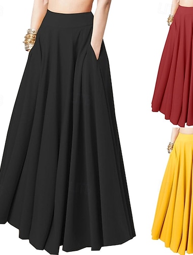  Damen Rock Mode Maxi Mittlere Hüfthöhe Röcke Einfach Plissiert Tasche Mikroelastisch Urlaub Ausgehen Schwarz Gelb Rote Sommer Polyester