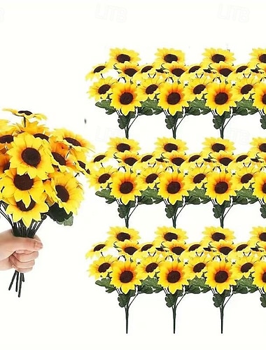  人工ひまわり12束秋の装飾、UV耐性プラスチックフラワー、屋内屋外ウェディングガーデンパティオの装飾、色あせなし、秋感謝祭クリスマスデコレーション