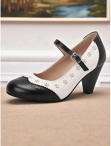  Sapatos Mary Jane vintage de salto grosso femininos da década de 1950 – estilo brogue bicolor marrom e branco com recortes florais, ideais para trajes vintage, roupas de escritório e chás da tarde