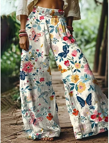  Damen Hose aus Baumwollleinen Weites Bein Hosen Hose Böhmische Lässig Lang Hohe Taille Blumen Elastischer Bund Drucken Hoher Schnitt Atmungsaktivität Weich Mikroelastisch Urlaub Straße Alltagskleidung