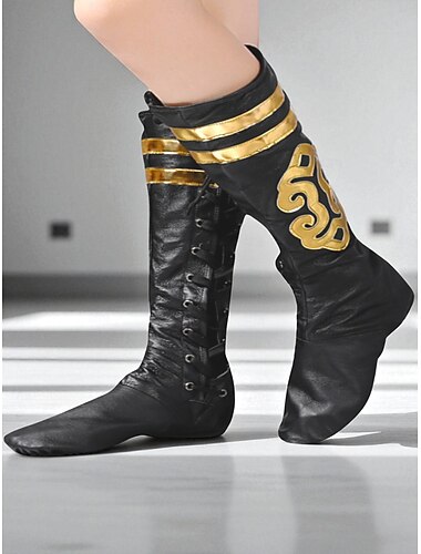  Women's Black Faux Leather Lace-Up Dance Boots - Gold Embellished Split Sole Professional Performance Shoes for Female Dancers and Stage Rehearsals