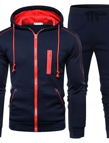  Hombre Sudadera Tracksuit Sudadera con capucha y cremallera completa Negro Rojo Azul Marino Azul Real Gris Claro Con Capucha Bloque de color 2 Piezas Deporte Diario Festivos Poliéster Ropa de calle