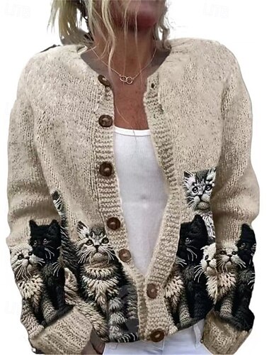  Dam Tröja Kofta Mode Streetwear Dagligen Djur Ribbad Öppen front Stickat Mönster Långärmad Långa toppar Sticka Helgdag Utekväll Helgen Svart Vit Höst Vinter