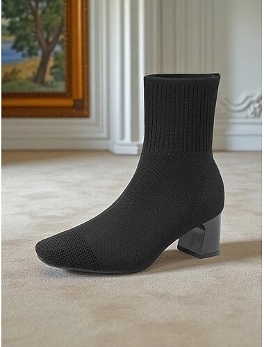  Bottines en tricot bleu marine pour femmes – Bottines extensibles à bout pointu avec talons carrés pour un usage quotidien élégant et des tenues d'automne