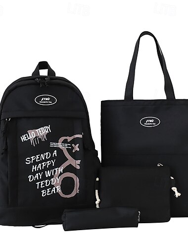  4-Piece Cute Backpack Set for Girls with Teddy Bear Print – Kawaii School Bag with Tote, Pencil Case, and Pouches for Teen Students