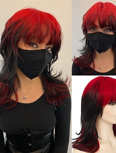  schwarz-rote Perücken für Frauen, schulterlang, geschichtet, zottelige Perücke mit Pony, synthetische Halloween-Cosplay-Perücke