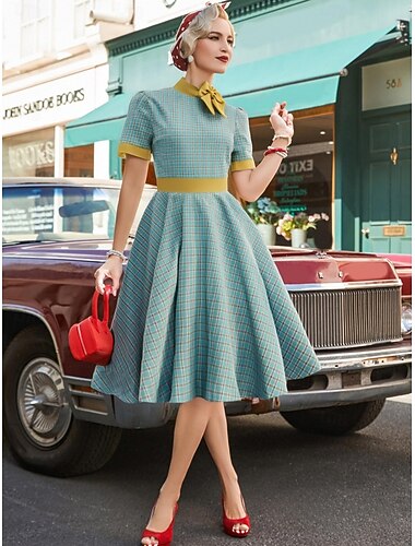  Retró 1950-es Rockabilly Déli Ruhák Swing ruha Flare ruha Csokor Pléd / takaró Kockás Tarkán szőtt pamutszövet Jelmez Női Farsang Valentin nap Hétköznapi viselet Zsúr Retro témájú buli Felnőttek Ruha