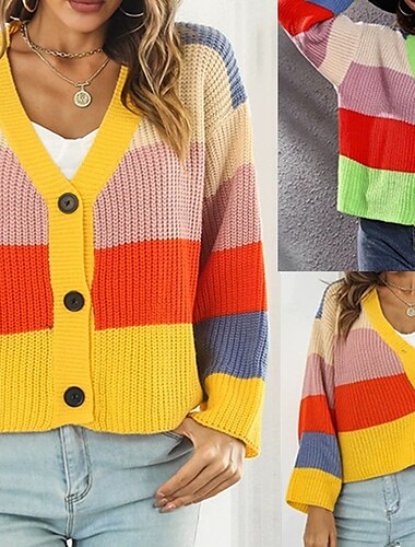  Per donna Cardigan Casual Blocco di colori Spesso Scollo a V Lavorato a maglia Manica Lunga Top Regolari Maglia Quotidiano Ferie Uscire Giallo Verde Autunno Inverno