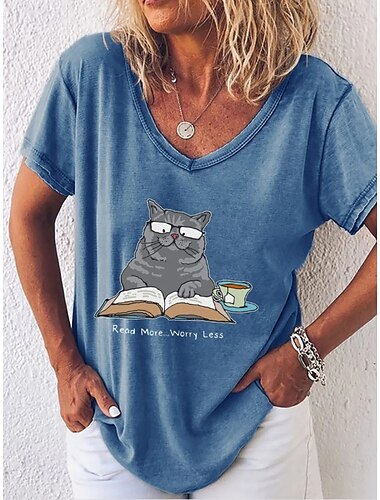  בגדי ריקוד נשים חולצה קצרה גראפי חיה אותיות וינטאג' מסוגנן קלסי שרוולים קצרים צווארון V חולצות רגילות יומי דפוס שחור לבן ורוד מסמיק פול תלתן קיץ אביב Read More Worry Less Cute Cat