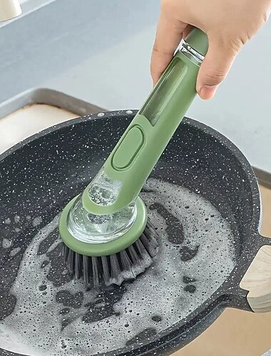  Escova de lavar louça com dispensador de sabão, 2 peças, cabo longo ergonômico, escova verde, cabeça substituível, multicolorida, para panelas, frigideiras, limpeza de pia, ferramenta essencial de cozinha
