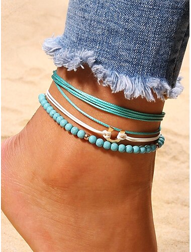  Pulseira feminina ajustável de contas turquesas no tornozelo – joia estilo boho praia com pingente de âncora para o verão, férias e uso diário