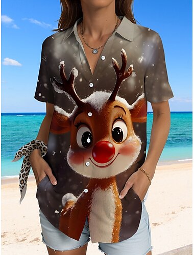  Christmas Women's Shirt Graphic Animal 3D Vintage Tropical Daily Sleeveless Short Sleeve Shirt Collar Regular Tops Daily Sage Green Brown Green Summer Spring Winter