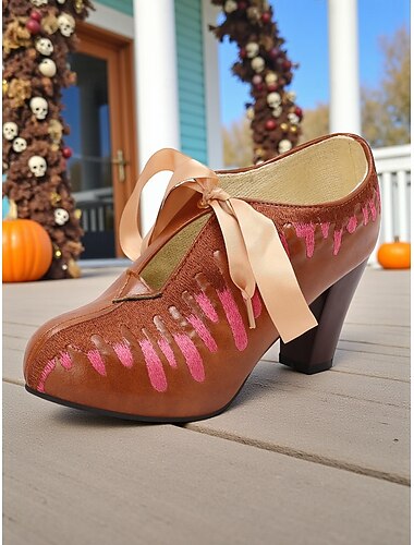  Sapatos de salto marrom femininos de Halloween com bordados em gotas rosa – scarpins vintage de festa com cadarço e laço de fita, perfeitos para cosplay, festivais de outono e eventos de fantasia
