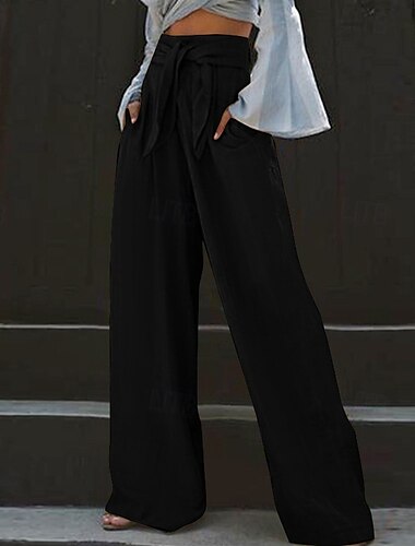  女性用 ワイドレッグ パンツ パラッツォパンツ ファッション ストリートファッション 全長 ハイウエスト 平織り 弾性ウエストバンド ドローストリング 通気性 快適 ストリート デイリーウェア お出かけ ブラック ダークブルー 春 秋 レギュラー