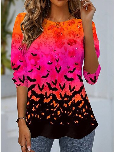  T-shirt Γυναικών για το Halloween Μακρύ Μανίκι Λαιμόκοψη Κανονικό Μακρύ Μανίκι Τουνίκ Γραφικό Ζώο Vintage Κομψό Στρογγυλή Λαιμόκοψη Κανονικά Τοπ Καθημερινή Εβδομαδιαία Εκτύπωση Μαύρο Μωβ Πορτοκαλί