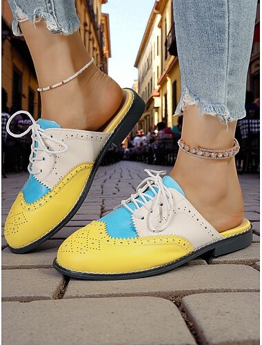  Γυναικεία vintage oxford παπούτσια mule με χρωματικό μπλοκ στυλ της δεκαετίας του 1950 - κίτρινα μπλε φλατ παπούτσια με κορδόνια και slip-on για casual street style, εξόδους και ταξίδια το