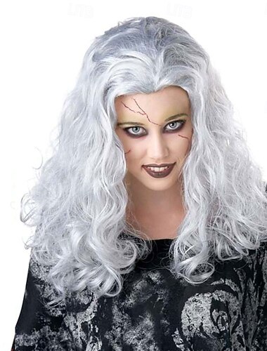  geisterhafte weiße Perücke für Damen – lange synthetische weiße Perücke für Halloween, Cosplay &Kostümpartys