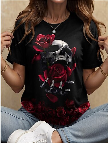  Halloween Per donna Maglietta Floreale Grafico Teschio Vintage Elegante Classico Manica Corta Girocollo Top Regolari Quotidiano Weekend Stampato Bianco e nero Nero Giallo Rosso Blu Estate Autunno