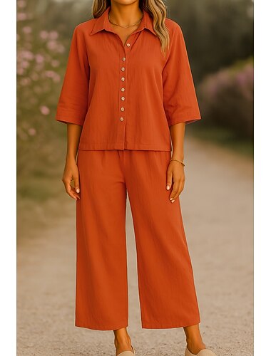  Per donna Elegante Moda Streetwear Set di biancheria in cotone Manica 3/4 Colletto a Camicia Tinta unica All'aperto Lavoro Casuale Arancione Marrone Cachi Estate Vestibilità regolare