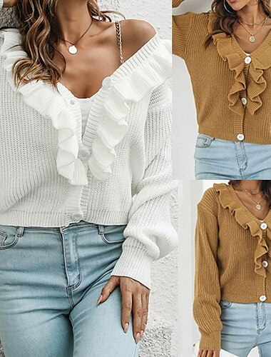  Per donna Cardigan Casual Tinta unica Spesso Scollo a V Volant Lavorato a maglia Manica Lunga Top Regolari Maglia Quotidiano Ferie Uscire Bianco Zenzero Autunno Inverno