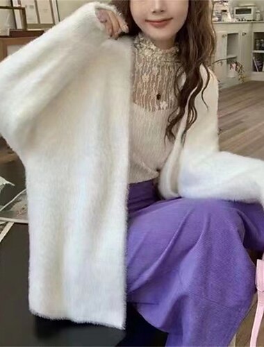  Damskie Sweter Sweter rozpinany Moda Moda miejska Codzienny Jednokolorowe Prążkowany Otwarty przód Dzianiny Długi rękaw Długie topy Robić na drutach Święto Wyjściowe Weekend Biały Rumiany róż Jesie