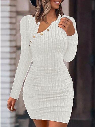  Per donna Mini Abito Tubino Casual Quotidiano Vestibilità regolare Semplice Manica Lunga Collo a V Nero Bianco Rosa Vino Primavera Autunno Inverno