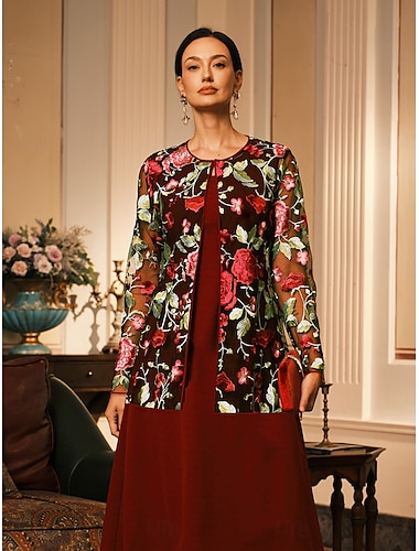  Femmes Blazer Respirant Dentelle Broderie Élégant Fleuri Formel Régulier Col Rond Coupe Ample manche longue Vêtements d'extérieur Rouge Bordeaux Été Printemps