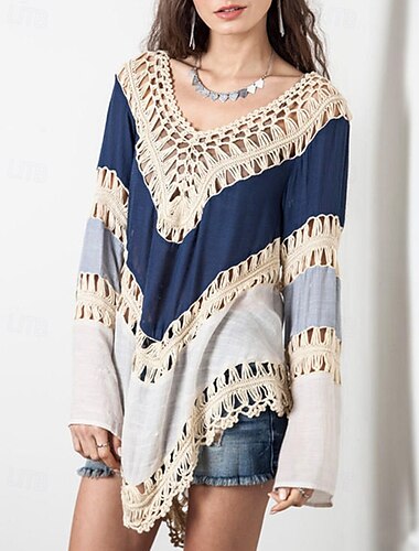  女性用 シャツ 肩をすくめる カラーブロック 日常 スタイリッシュ ベーシック 長袖 Ｖネック レギュラートップス 日常 祝日 お出かけ アイレット ブルー オレンジ 夏 春