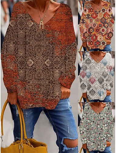 Damen Bluse Blumen Bohemien Vintage Langarm V Ausschnitt Normale Oberteile Täglich Ferien Druck Weiß Wein Rote Grün Sommer Frühling Herbst