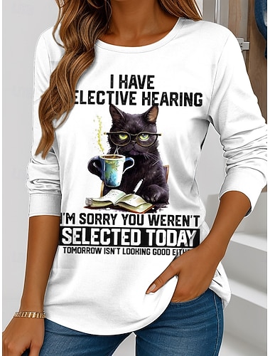  Frauen T-Shirt Rundhals Langarm Tunika Grafik Katze Buchstabe Vintage Stilvoll Klassisch Rundhals Regelmäßige Oberteile Täglicher Wochenend Druck Weiß  Schwarz Schwarz Weiß Pink Grün Frühling Herbst