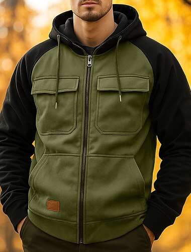  Hombre Sudadera Sudadera con capucha y cremallera completa Sudadera táctica con capucha Negro Verde Ejército Azul Piscina Caqui Con Capucha Bloque de color Plano Cerrar Bolsillo Táctico Deporte Diario