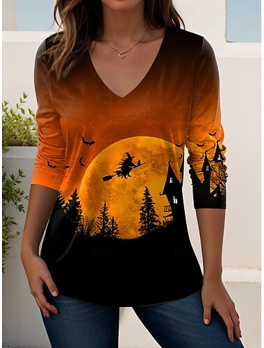  Halloween Dámské Tričko Grafika Písmeno předvečer Všech svatých Elegantní Vinobraní stylové Dlouhý rukáv Do V Běžné topy Denní Jdeme ven Víkend Tisk Žlutá Fialová Oranžová Šedá Jaro Podzim