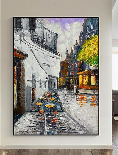  pictură în ulei lucrată manual pe pânză, artă de perete, decorare modernă, abstractă, peisaj stradal, cafenea, decor pentru casă, laminată, fără ramă, pictură neîntinsă