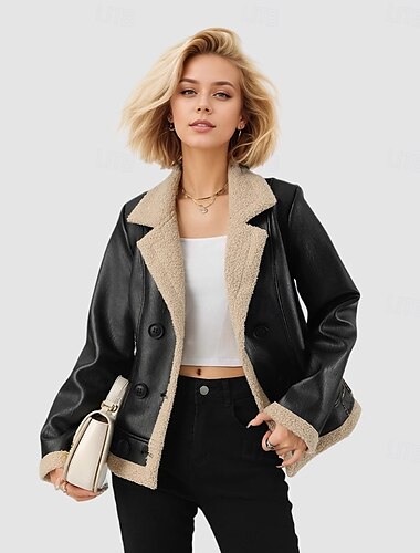  女性用 レザージャケット フリースの上着 保温 ジッパー ポケット ボタン ヴィンテージ ファッション カジュアル 平織り ストリート カジュアル デイリーウェア ショート ノッチドラペル レギュラー 長袖 アウターウェア ブラック 秋 冬