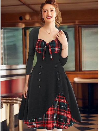  Retro Vintage 1950er Cocktailkleid Midlänge Swing-Kleid Ausgestelltes Kleid Weihnachtsfeier Kleid Tartan-Check Kostüm Damen Weihnachten Karneval Maskerade Veranstaltung / Fest Retro-Mottoparty