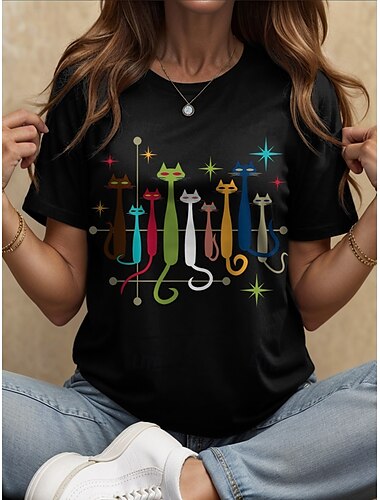  Mulheres Camiseta Gráfico Gato Estrela Vintage à moda Clássico Manga Curta Gola Redonda Decote Redondo Tops regulares Diário Final de semana Imprimir Preto Branco Amarelo Vermelho Azul Verão Primavera