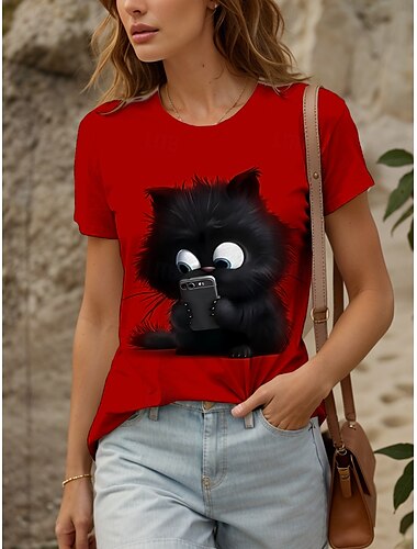  Pentru femei Tricou Grafic Animal Pisica Epocă Stilat Clasic Manșon scurt Stil Nautic Rotund Topuri obișnuite Zilnic Sfârșit de săptămână Imprimeu Alb Roșu-aprins Albastru piscină Mov Trifoi Var