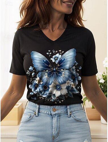  Damen T Shirt Blumen Grafik Schmetterling Vintage Stilvoll Klassisch Kurzarm V Ausschnitt Normale Oberteile Täglich Ausgehen Wochenende Druck Schwarz Weiß Gelb Rosa Rote Sommer Frühling