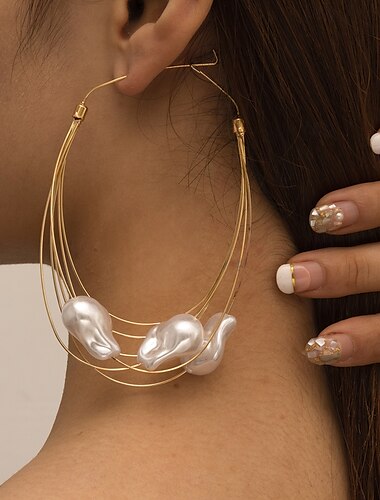  Pendientes de aro extragrandes de alambre dorado para mujer con gotas de perla irregulares: joyas con un toque artístico para fiestas de moda y eventos de tendencia.