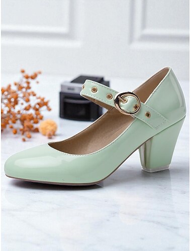  Women's White Patent Leather Block Heel Mary Jane Shoes with Buckle Strap for Casual Day Dates