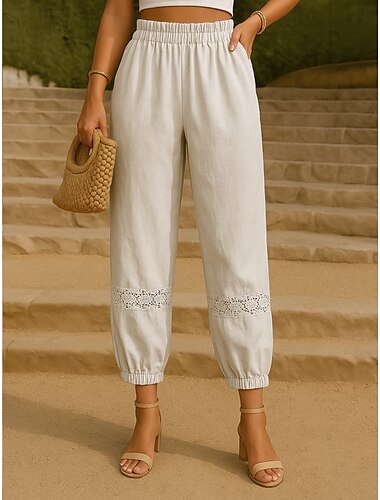  Mujer Pantalones de lino y algodón Chinos Básico Casual Longitud total Alta cintura Floral Bordado Comodidad Al Aire Libre Rígido Vacaciones Calle Casual Verde Trébol Albaricoque Café Verano