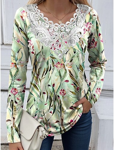  חולצת blouse נשים עם טוניקה תחרה סגנונית צוואר V עם שרוול ארוך פרחוני גרפית צמחים וינטג' קז'ואל צוואר עגול טופס רגילים הדפס יומי לצאת סופש עבודות טלאי תחרה לבן ורוד סגול ירוק חאקי סתו חורף