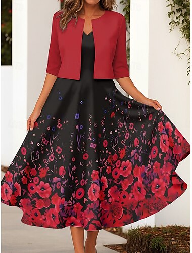  Per donna Insieme del vestito Abito Midi Vacanza Festa Ombre Floreale Stampato Abito maxi Mezza Manica Girocollo Quotidiano Giallo Rosso Blu Primavera Autunno Vestibilità regolare