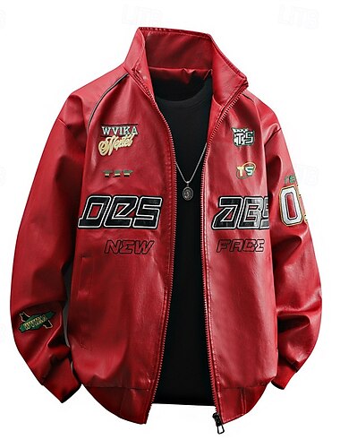  Men's Faux Leather Jacket Biker Jacket Motorcycle Jacket Vacation Daily Windproof Warm Pocket Fall Winter Letter Fashion Classic Lapel Regular Black White Red Jacket