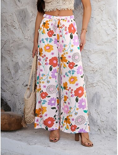  Mujer Perneras anchas Chinos Vacaciones Vintage Moda Longitud total Alta cintura Floral Cintura elástica Estampado Confortable Suave Cómodo Microelástico Exterior Vacaciones Calle Blanco Amarillo